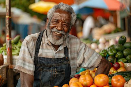 Portrait of an African American Man Managing a Street Vendor Food Stand with Fresh Natural Agricultural Products. Happy Old Handsome Farmer with Gray Hair and Beard is Looking at Camera and Charmingly Smilingの素材