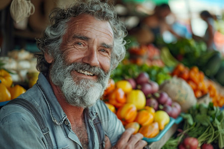 Portrait of a Man Managing a Street Vendor Food Stand with Fresh Natural Agricultural Products. Happy Old Handsome Farmer with Gray Hair and Beard is Looking at Camera and Charmingly Smilingの素材
