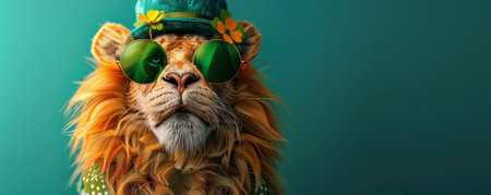 Cute lion wearing a St Patrick's Day hat and sunglasses. St Patrick's day sale or party bannerの素材