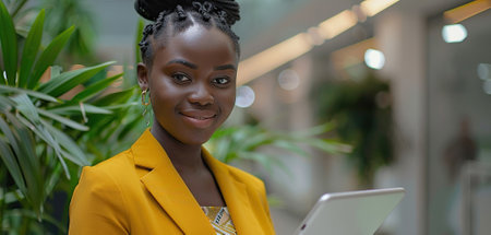 Portrait of a Young Empowered Black Female Business Manager Working on a Tablet Computer in a Modern Office Building. Confident African Specialist Looking Up Documents Online And Smiling In the Hallの素材