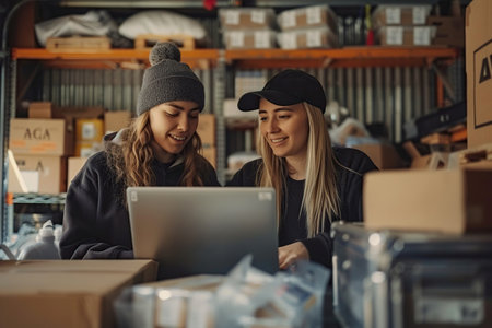 Diverse e-Commerce Business Partners Working in Garage And Talking. Hispanic Female Assistant Filling Online Orders On Laptop. Two Caucasian Friends Packing Products In Boxes For Delivery To Customersの素材