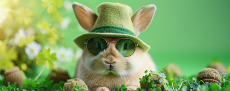 Cute rabbit wearing a St Patricks Day hat and sunglasses. St Patricks day sale or party banner.の素材