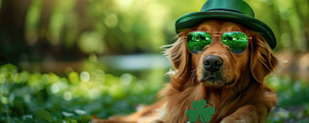 Cute Dog wearing a St Patrick's Day hat and sunglasses. St Patrick's day sale or party bannerの素材