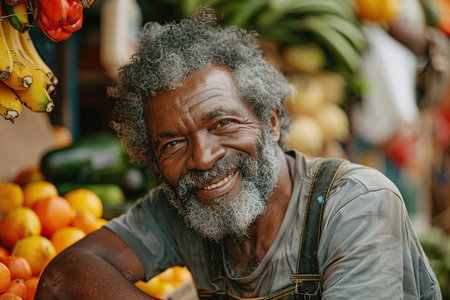 Portrait of an African American Man Managing a Street Vendor Food Stand with Fresh Natural Agricultural Products. Happy Old Handsome Farmer with Gray Hair and Beard is Looking at Camera and Charmingly Smilingの素材