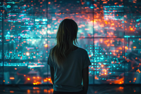 Back View Of Caucasian Woman Enjoying 3D Cyberspace With Animated Social Media Interfaces, Online Video Games, Viral Videos, Internet Content. Visualization Of Male Enthusiast Surfing Computer Network.の素材