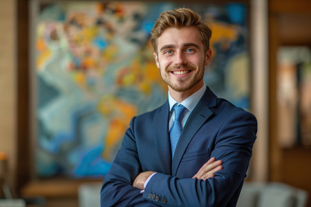 Portrait of a Confident Young Caucasian Businessman Standing in Office in a Blue Business Suit. Successful Corporate Manager Posing for Camera with Crossed Arms, Smiling Cheerfullyの素材