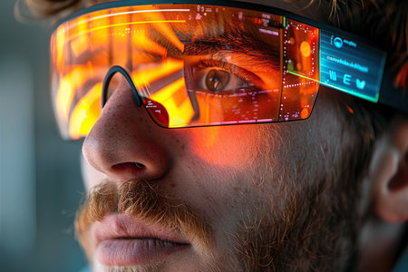 Closeup Portrait Of Caucasian man Wearing Augmented Reality Glasses And Surfing Multimedia all in one Entertainment, TV, Videos, Video Game Playing, Online Shopping. AR Interface Visualization.の素材