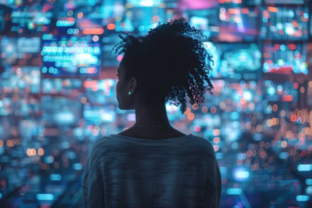 Back View Of African American woman Enjoying 3D Cyberspace With Animated Social Media Interfaces, Online Video Games, Viral Videos, Internet Content. Visualization Of Male Enthusiast Surfing Computer Network.の素材