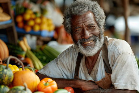 Portrait of an African American Man Managing a Street Vendor Food Stand with Fresh Natural Agricultural Products. Happy Old Handsome Farmer with Gray Hair and Beard is Looking at Camera and Charmingly Smilingの素材