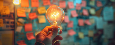 hand holding glowing light bulb. sticky note at brainstorming board at background.の素材