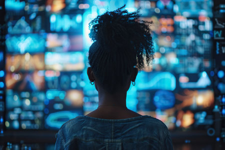 Back View Of African American woman Enjoying 3D Cyberspace With Animated Social Media Interfaces, Online Video Games, Viral Videos, Internet Content. Visualization Of Male Enthusiast Surfing Computer Network.の素材