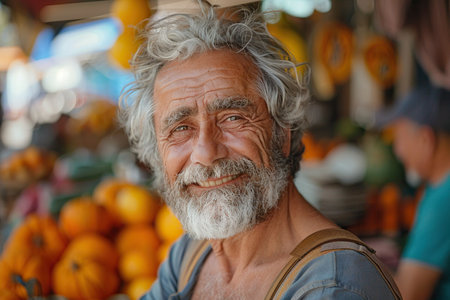 Portrait of a Man Managing a Street Vendor Food Stand with Fresh Natural Agricultural Products. Happy Old Handsome Farmer with Gray Hair and Beard is Looking at Camera and Charmingly Smilingの素材