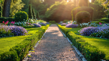 luxury landscape of wide beautiful garden design with green manicured lawn, beautiful flower beds and pathの素材