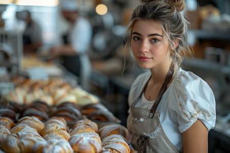 Bakery woman, wearing white apron, working in her bakeryの素材