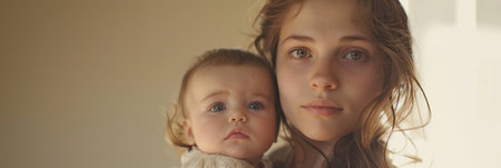Young mother embracing her baby tenderly, both looking towards the camera with soft, natural lighting and a neutral background.の素材