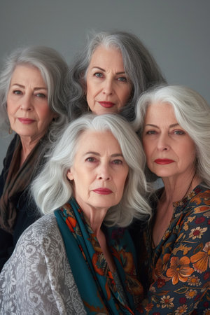 Studio portrait of three beautiful senior women with gray hairsの素材