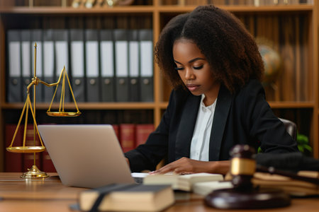 Happiness, laptop and typing professional African American woman, advocate or government attorney reading feedback review. Corporate research, law firm and business lawyer working on legal project development planの素材