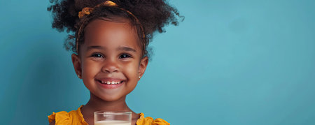 Happy African American little girl with glass of milk isolated on blue backgroundの素材