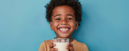 Happy African American little boy with glass of milk isolated on blue backgroundの素材
