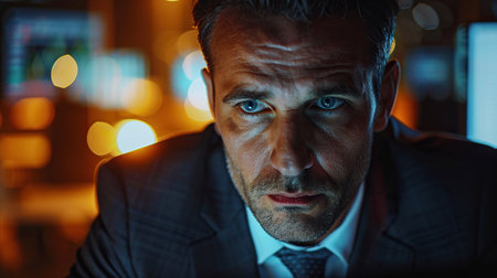 Sad and depressed businessman at office. Wear suit. at night. Looking at trading graph computer screen.の素材