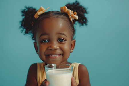 Happy African American little girl with glass of milk isolated on blue backgroundの素材