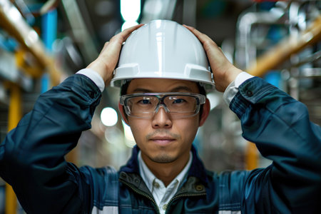 Portrait of Successful Japanese Male Engineer Putting On a White Hard Hat at Electronics Manufacturing Factory. Heavy Industry Specialist Thinking About Advanced Technology Projects On Productionの素材