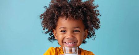 Happy African American little boy with glass of milk isolated on blue backgroundの素材