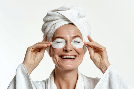 Skincare. Very happy mature Caucasian woman laughing, applying cosmetic eye patches mask, reduces wrinkles, wears wrapped towel on head, isolated on white background. Facial treatment, beauty and spa concept.の素材