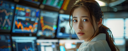 Talented Japanese Stock Exchange Investor Working on Desktop Computer, Day Trading Company Shares, Valuable Technology Investments, Communicating with Clients. Portrait of a Female Specialistの素材
