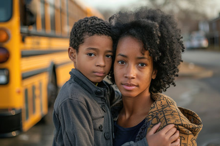 African American mother and son, school bus in the morning backgroundの素材