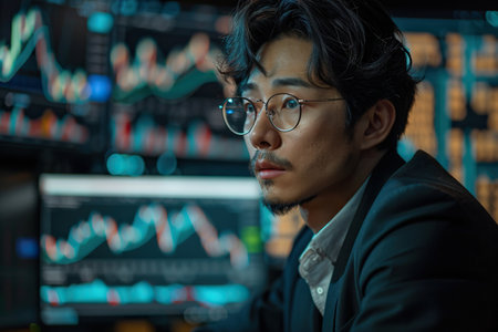 Talented Japanese Stock Exchange Investor Working on Desktop Computer, Day Trading Company Shares, Valuable Technology Investments, Communicating with Clients. Portrait of a male Specialistの素材