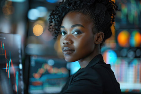Talented African American Stock Exchange Investor Working on Desktop Computer, Day Trading Company Shares, Valuable Technology Investments, Communicating with Clients. Portrait of a Female Specialistの素材