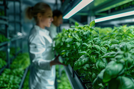 Vertical Plant Farm Specialists Talking on a Lift with a Rack of Fresh Basil Crops. Female and Male Farmers Working Indoors. Multi-layer Hydroponics Farm with Led Lighting in the Backgroundの素材