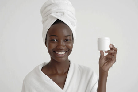 Skincare, cheerful young African American woman smiling, applying moisturizing cream on face, lotion or mask for skin lifting and anti-aging, wears wrapped towel on head, with plastic jar in hand. On white backgroundの素材