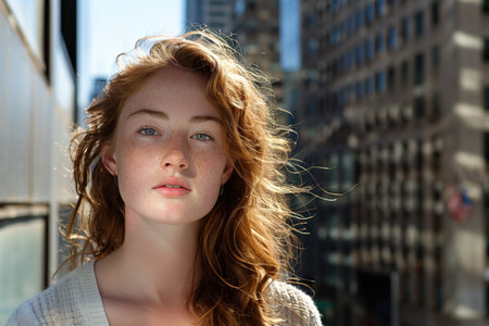 Woman in serious expression, sunlight casting shadows, urban setting with towering buildings, subtle smileの素材