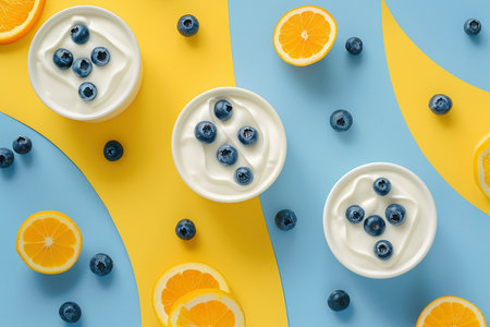 Yoghurt with milk and blueberries and oranges and orange graterの素材