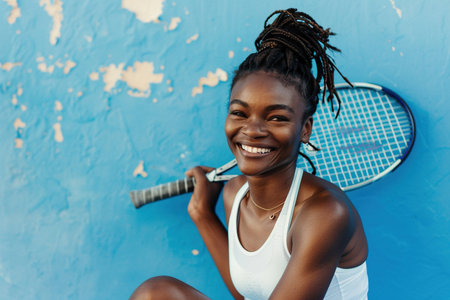 An African American female tennis athlete sitting on the blue tennis court, smiling woman holding a racket, embodying the concept of passion for the sport and physical trainingの素材