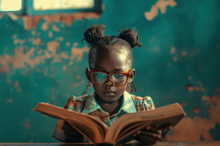 African little girl reading book, classroomの素材
