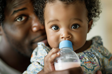 African American Baby feeding milk from the bottle with parentの素材