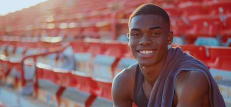 Smiling male athlete after running training sport exercise, with towel. African American man sitting on empty stadium stands and stairsの素材