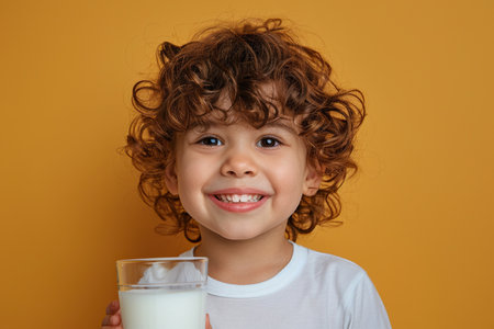 Happy Hispanic little boy with glass of milk isolated on yellow backgroundの素材