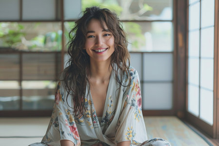 Happy Japanese woman sitting on the floorの素材