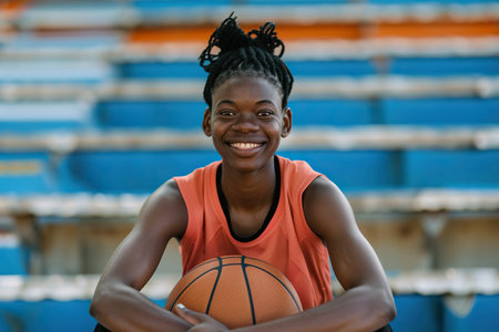 An African American female basket player sitting on the stadium stands, smiling woman holding a basketball, embodying the concept of passion for the sport, game and physical trainingの素材