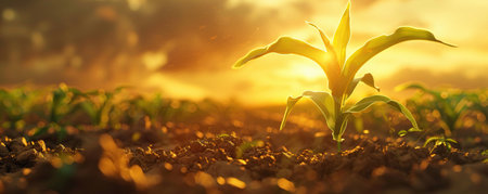 Photo of a corn plant growing in the field with dramatic golden hour sky backgroundの素材