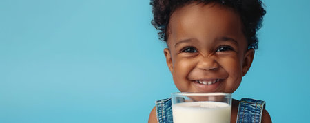 Happy African American little boy with glass of milk isolated on blue backgroundの素材