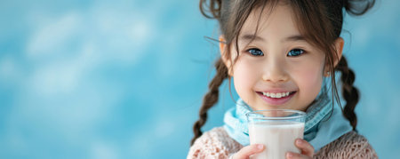 Happy Japanese little girl with glass of milk isolated on blue backgroundの素材