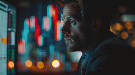 Sad and depressed businessman at office. Wear suit. at night. Looking at trading graph computer screen.の素材