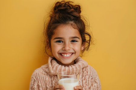 Happy Hispanic little girl with glass of milk isolated on yellow backgroundの素材