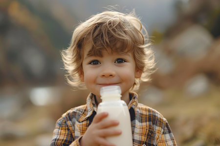 cute happy boy with dark eyes drinks milk from a bottle. the child is wearing a plaid shirtの素材