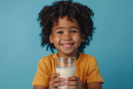 Happy African American little boy with glass of milk isolated on blue backgroundの素材